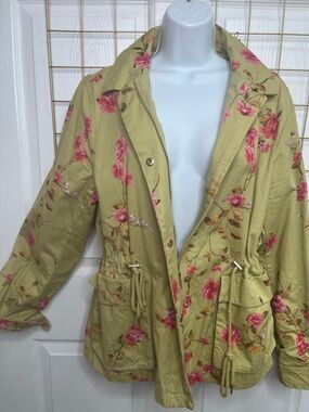Green Army Jacket with Pink Floral Rose Print Cinch Waist Gold Hardware Large